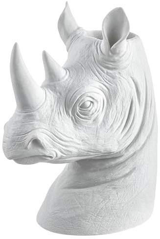 Baroni Home Tierkopf-Vase aus weißem Resin, dekorativer Innen- und Außenvase für Pflanzen und Blumen, moderner Deko-Vase, 20x13x27 cm, Nashorn