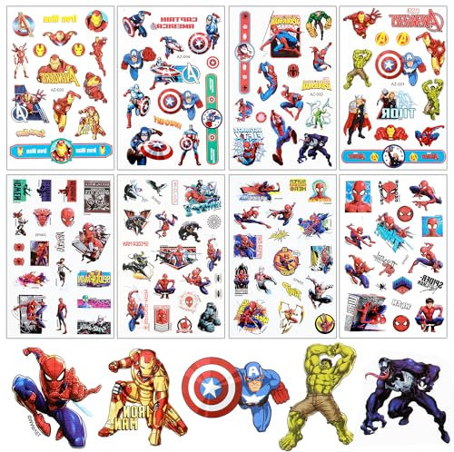 Tattoos (WSMW-3) Tattoo Kinder, 8 Blätter Superhelden Tattoo Set für Mädchen Jungen Marvel Avengers Tattoo Wasserdicht für Geburtstagsgeschenke Kindergeburtstag