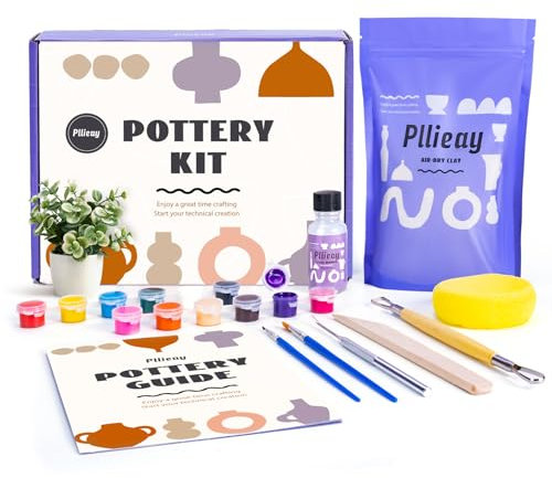 Pllieay Home Pottery Kit for Beginners Air Dry Clay Kit for Adults Pottery Painting Kit with Tools Vanish and Instruction Pottery Kit for Adults DIY Clay Play Set Pottery Painting Kit