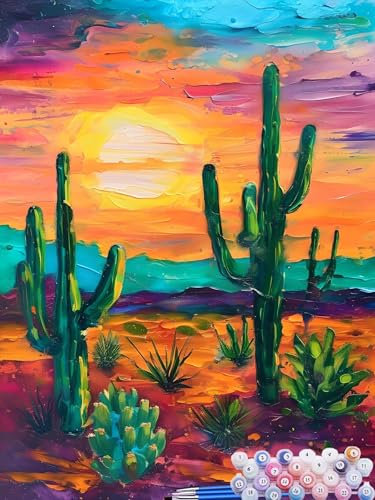 Malen nach Zahlen Erwachsene Kaktus, Paint by Numbers for Kinder Sonnenuntergang, DIY Handgemalt Ölgemälde Kit inklusive Pinsel und Acrylfarben für Zimmer Deko Wanddeko Ohne Rahmen 60x90cm R-7