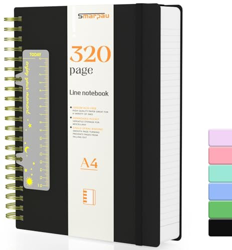 Smarpau Spiral Notizbuch A4, Hardcover PVC Liniert Journal, 320 Seiten 100gsm Dickes Papier zum Schreiben, Lined Journal für Frauen und Männer im Büro oder in der Schule, 21.5 x 28 cm-Schwarz