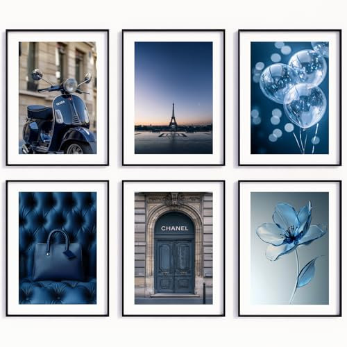 MJ-GRAPHICS® 6 Poster Paris Poster Set Coco Kunstdruck Blau Wohnzimmer Wandbild Blau Chanel Bild Vespa Paris Poster Eiffelturm Fashion Deko Boho Ästhetik modern – A3 Ohne Rahmen