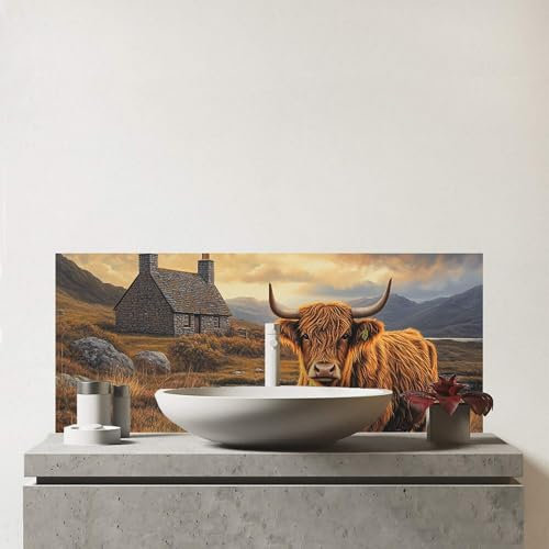Warren Reed - Designer Premium Highland Cow And A Cottage Glass Bathroom Splashback 6mm Toughened Glass – Water-Resistant Wall Protector for Basins & Sinks, Polished Edges
