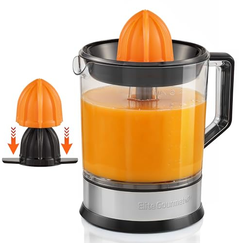 Elite Gourmet ETS047 Electric Citrus Juicer, BPA-Free, with 2 Cones, Compact, Large Volume, Pulp Control, Oranges, Lemons, Limes, Grapefruits with Simple Spout, 1.2 L, Black