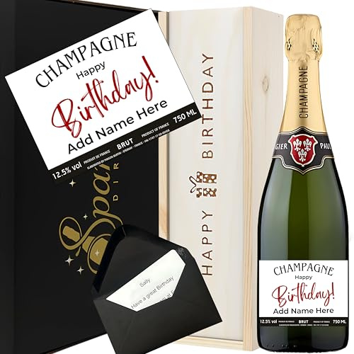 Signature Happy Birthday Personalised Champagne Gift – Classic Label Champagne Bottle 75cl in Wooden Happy Birthday Gift Box