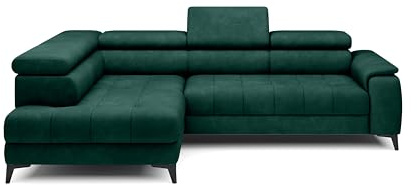 DomiMeble DomoHome Ecksofa Freistehend Mit Schlaffunktion Und Verstellbaren Kopfstützen, Chaiselongue, Linke Seite, 278×197×76/98 cm, Schlaffläche: 88×200 cm, Stoffbezug In Flaschengrün