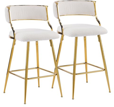 Bonnlo Bar stools Set of 2, Upholstered Seat with Backrest in Velvet Fabric & Adjustable Iron Legs, Footrest, Breakfast Bar Stools, for Kitchen, Living Room, Restaurant, White