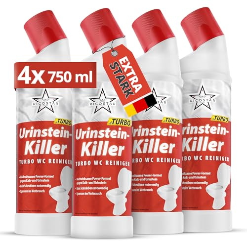 Ricostar Urinsteinentferner EXTRA STARK [Profi-Qualität] 4x 750ml | Made in Germany | WC Reiniger extra stark | Toilettenreiniger extrem stark | Putzmittel | Antikalk Reiniger | Kalkreiniger