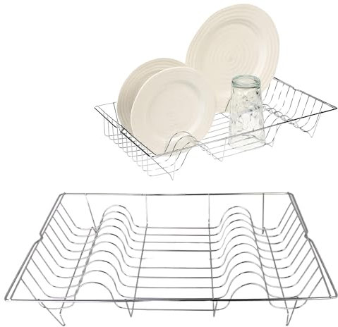 Large Chrome Dish Drainer Rack – Rustproof Metal Drying Rack for Plates, Bowls, Cups – Kitchen Sink Draining Tray Holder – Airflow Wire Design, Holds 20 Dishes, Easy Clean, 48x30cm