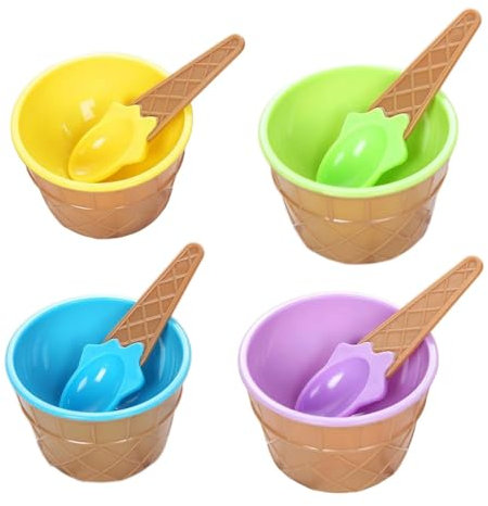 JACKANNA 4 Stück Eisbecher Mit Löffeln NEU 2025 Eiscreme-Schalen | Eisbecher Kinder Eisbecher Plastik Pudding/Eisschalen Eiswaffeln Hörnchen(Combo 1)
