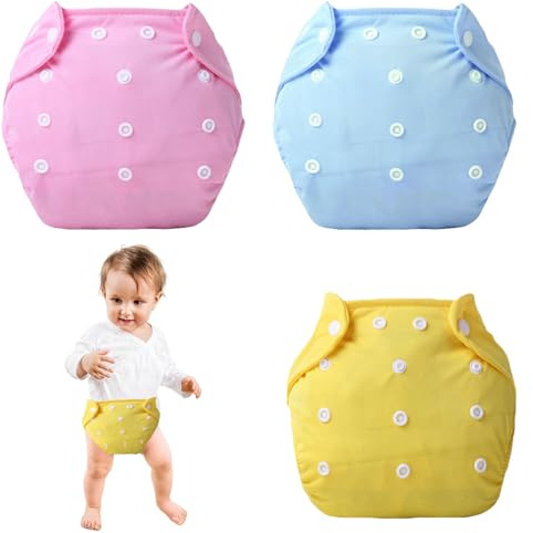3Pcs Reusable Swim Nappy for Babies, Washable Swim Nappies, Adjustable, Fit for 0-3 Years (Blue, Pink, Yellow)