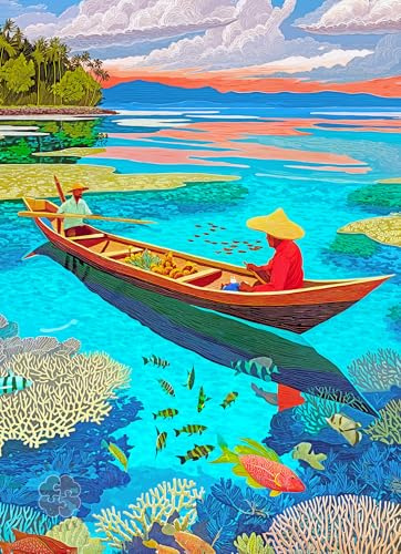 Lucky Puzzles | 1000 Piece Jigsaw Puzzles for Adults | Tides of the Tropics | Colourful Coral Reef & Canoe Scene | Unique Ocean Puzzle | Ocean Puzzles for Adults | Satin Finish | Ages 14+