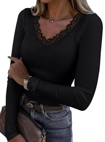 Eniloyal Damen Langarmshirt V Ausschnitt Spitze Langarm Eng Rippshirt Stretch Oberteile Elegant Pullover Basic Shirt Herbst