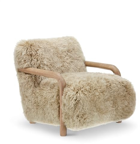 Premium Real Sheepskin Accent Chair for Living Room with Solid Oak Wood Frame - Fluffy Chair, Beige Armchair, Scandi / Scandinavian Modern Teddy Armchair for Bedroom and Neutral Interiors - RAMSAY