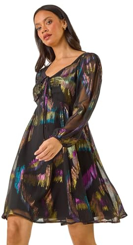 Roman Foil Print Tie Front Fit & Flare Dress for Women UK Ladies Autumn Everyday Winter Holiday V-Neckline Comfy Long Sleeve Soft Knot Detail Frock Dinner Date Gowns