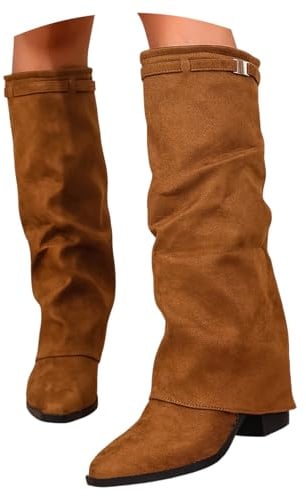 Generisch Winterstiefel Damen Fold Over Stiefel Slouch Block Heels Dressy Kniestiefel Cowboy Westernstiefel Retro Reißverschluß Damenstiefel Mid Calf Boots Mittelalter Schuhe