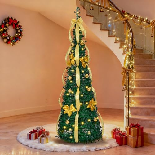 Outopee 6FT Pop Up Artificial Christmas Tree, Pre-lit Collapsible Xmas Tree | 80 Warm White Lights, 8 Lighting Modes, Battery Operated, Golden Ornaments for Holiday Party Home, Office, Shop Decoration