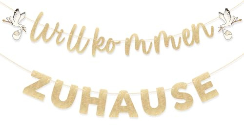 G2PLUS Aufgefädelt Willkommen Zuhause Girlande Champagnergold Glitzer | Willkommen Baby Banner mit Weißstorch, Welcome Home Baby Girlande für Unisex Geburt Baby Party