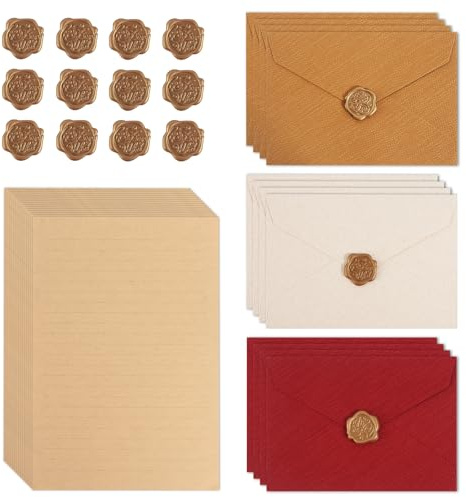 44 PCS Writing Paper and Envelopes Set with 12 Gift Envelopes and 20 A5 Writing Paper and 12 Seal Stickers Vintage Letter Envelopes Set for Birthday Wedding Invitation Greeting Cards