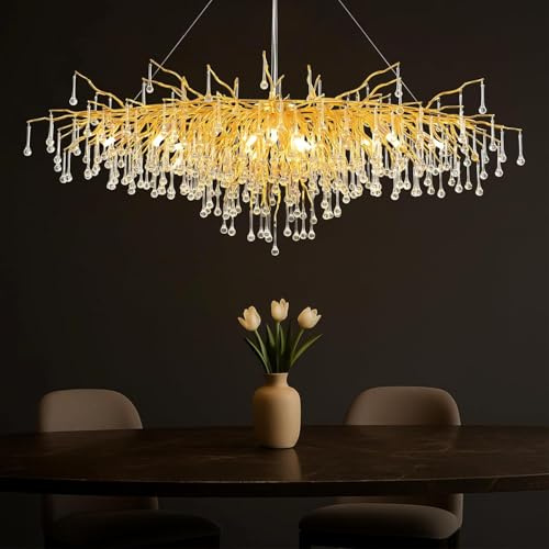 Moderne Gold-Kristall-Kronleuchter, Großer Rechteckiger Kristall-Kronleuchter für Hohe Decken, Luxuriöse Tropfen-Kristall-Kronleuchter im Ast-Design für Wohnzimmer,Esszimmer,Eingangsbereich,L140cm
