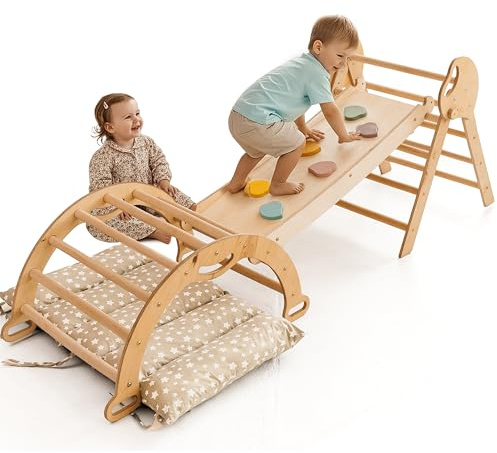 Goodevas 5-in-1 Montessori Klettergerüst Set: Indoor Kletterdreieck, Kletterbogen mit Kissen, und Rutsche für Kinder, Indoor Spielplatz 1-3 Jahre
