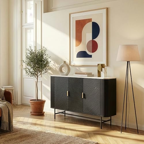 [en.casa] Sideboard Olvehok Kommode 110 x 40 x 77 cm Wohnzimmerschrank mit 3 Türen Beistellschrank 4 Fächer Aufbewahrungsschrank Metallgestell Schwarz/Marmoroptik, weiß