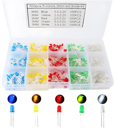 CESFONJER 500 pcs x 3 mm diode électroluminescente, diffusé 2pin rond couleur blanc/rouge/jaune/vert/bleu Kit boîte (5 couleurs x 100pcs)