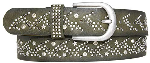 Zakatte • Damen Nietengürtel ais Kunstleder mit Strass und Sterne (90 cm, Grün)