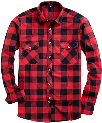 siliteelon Hemd Herren Kariertes Flanellhemd Langarm Baumwolle Holzfällerhemd Regular fit Komfortabel Freizeithemd mit Doppeltasche Rot und Schwarz 4XL
