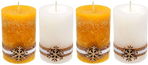 ZauberDeko 4 Adventskerzen Kerzen Stumpenkerzen Gelb Weiß Schneeflocke Holz Advent Deko Tischdeko
