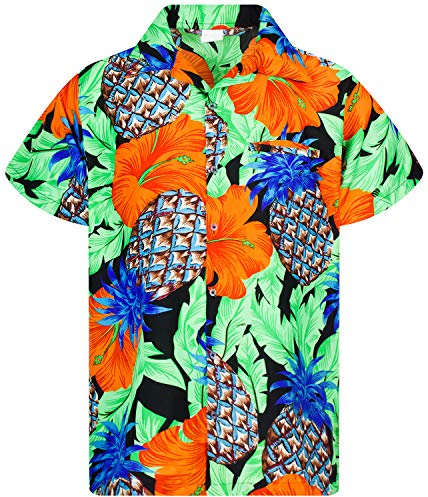 King Kameha Funky Hawaii-Hemd, Herren, Kurzarm, Pineapple-Hibiscus, Schwarz-Grün, 5XL