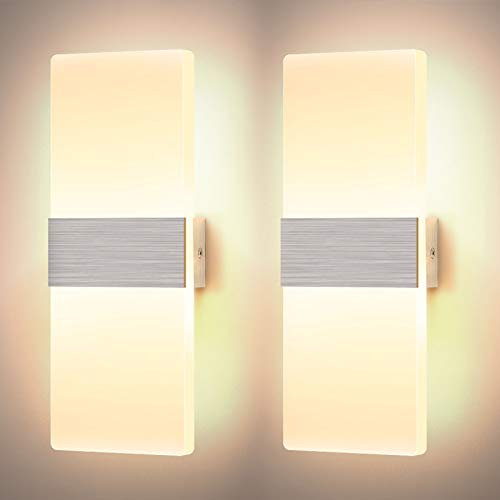 Glighone LED Wall Lights for Living Room Dimmable12W Up Down Wall Lighting Modern Acrylic Wall Lamp Hardwired Wall Sconce Bedroom Corridor, Warm White (2 Pack,Sliver)