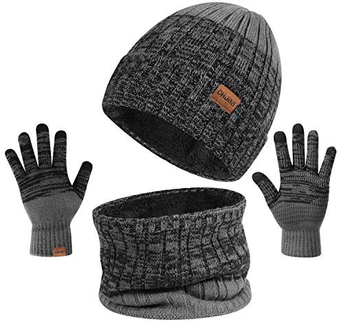TAGVO 3in1 Winter Beanie Hut, Schal, Handschuhe Set,Ultraweiche elastische Verdickung Vlies Innenfutter Strick Beanie Cap Neck Warmer Warme Strickmützen, Mütze, Schal & Handschuh-Sets für Damen Herren