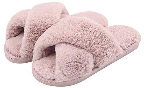 Fadezar Pantoufle Femme Chausson Peluche Chaud Slippers Claquette Fourrure Sandal Bout Ouvert Accueil Chaussures Rose EU 40/41