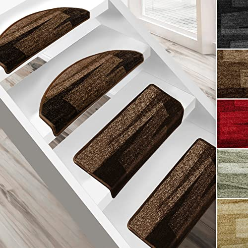 Floordirekt Stufenmatten Via Veneto mit Pinselstrich Design 15 Stück Spar Set Treppen-Teppich | 65 x 23,5cm, rechteckig, sauber eingekettelt, Starke Befestigung, stabile Winkelschiene/Farbe Braun