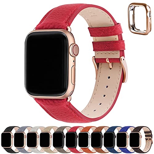 Fullmosa Correa para Apple Watch, Correas de Cuero Genuino Compatible con Apple Watch SE Series 8 Series 7/6/5/4/3/2/1/Se/Se2, Rojo + hebilla de Oro rosa,42mm/44mm/45mm