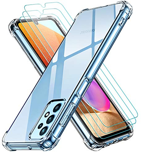 ivoler Coque pour Samsung Galaxy A32 4G (Pas pour Samsung A32 5G) avec 3 Pièces Protection Écran en Verre Trempé, Transparent Étui de Protection en Silicone Antichoc, Mince Souple TPU Bumper Housse