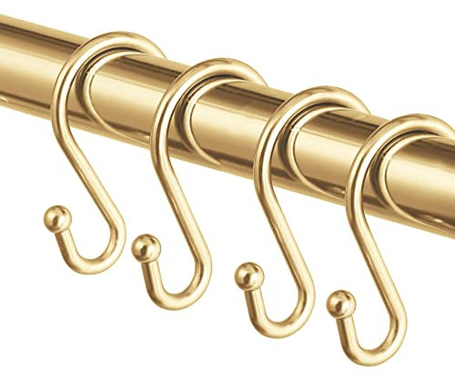 Metal Shower Curtain Hooks,Set of 12 Rings,Rust Resistant S Shaped Hooks Hangers for Shower Curtains, Kitchen Utensils, Clothing, Towels, etc. (Gold)