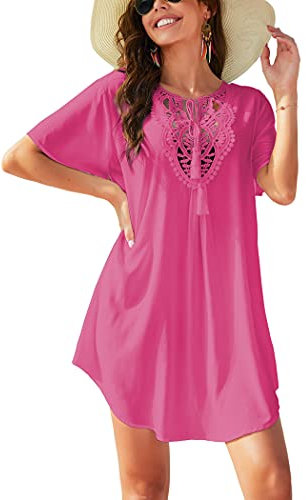 Ekouaer Beach Dress V-Neck Swimsuits for Women Swimsuit Bikini Cover Ups Short Sleeve T Shirts Lace Crochet Pink XXL