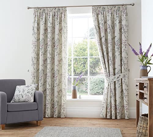 Dreams & Drapes Design - Jazmine - 100% Cotton, Fully Lined, Pencil Pleat Pair of Pencil Pleat Curtains With Tie-Backs - 90 Width x 90 Drop (229 x 229cm) in Heather