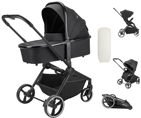 Booboo Kinderwagen Jazzi 2 in 1 Kombi-Kinderwagen inkl. Babywanne mit Matratze, Sportwagen, Sportsitz mit Liegefunktion, Zusammenklappbar - Black