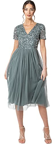 Maya Deluxe Damen Midi-Kleid mit V-Ausschnitt, Verziert Brautjungfernkleid, Grün (Misty Green), 44 EU