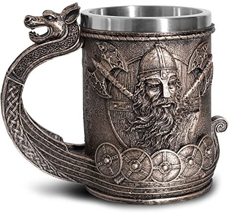 OTARTUDE Tasse à café de bière de navire viking nordique médiéval en acier inoxydable, tasse de boisson de guerrier viking de couleur bronze pour cadeau de collection 550ML