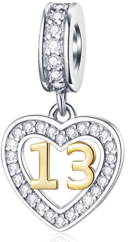 13-Jahre alte Geburtstag Charms passen Pandora Stil Armband, 18K Gold Nummer 13 Dangle, 925 Sterling Silber 13th Anniversary Herz Halskette Perlen mit Geburtssteinen, Geschenke für Baby Boy/Mädchen