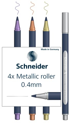 Schneider Paint-It Metallic Rollerball 050 (Strichstärke 0,4 mm, hochmetallische Tinte, schnelltrocknend, Gehäuse aus 88% biobasiertem Kunststoff) gold, silber, kupfer, violett