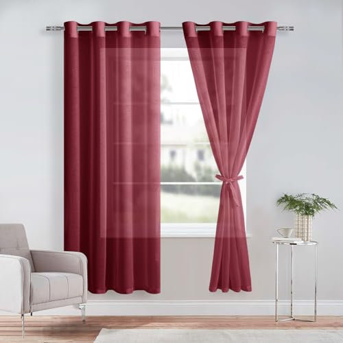DWCN 2er Set Sheer Voile Vorhänge mit Ösen Transparente Gardinen mit Vorhang-Krawatten für Wohnzimmer, Weinrot, 215x140cm(HxB)