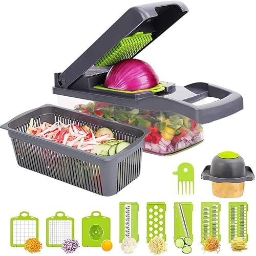 Vegetable Cutter,Multifunktioneller Gemüseschneider zum Würfeln, Reiben & Hobeln von Obst und Gemüse , 7 austauschbare Edelstahlklingen, Eiweißtrenner, Auffangbehälter, Fingerschutz, Reinigungsklinge