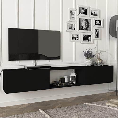 [en.casa] Mueble de TV Flotante Paltamo Mueble de Salón Mesa de TV Suspendido con 3 Compartimientos y 2 Puertas Abatibles 180 x 31 x 30 cm - Negro