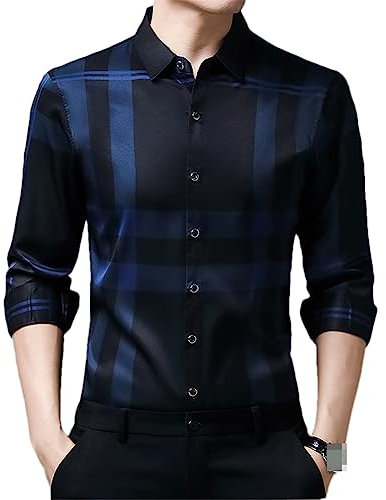 Herren Langarm Plaids Hemden Frühling Herbst Business Casual Umlegekragen Kleid Hemden Blau XXL