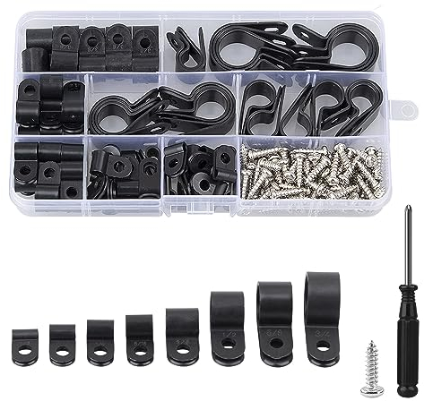 DesertBoy 151 Pezzi Nylon Plastica Clip R Morsetti R-Type Clip Cable Clamp Plastica Nylon Clip Tipo R Clip Nylon R-Tipo Cavo Clip con Viti e Cacciaviti per Interno Esterno Filo Cable Management